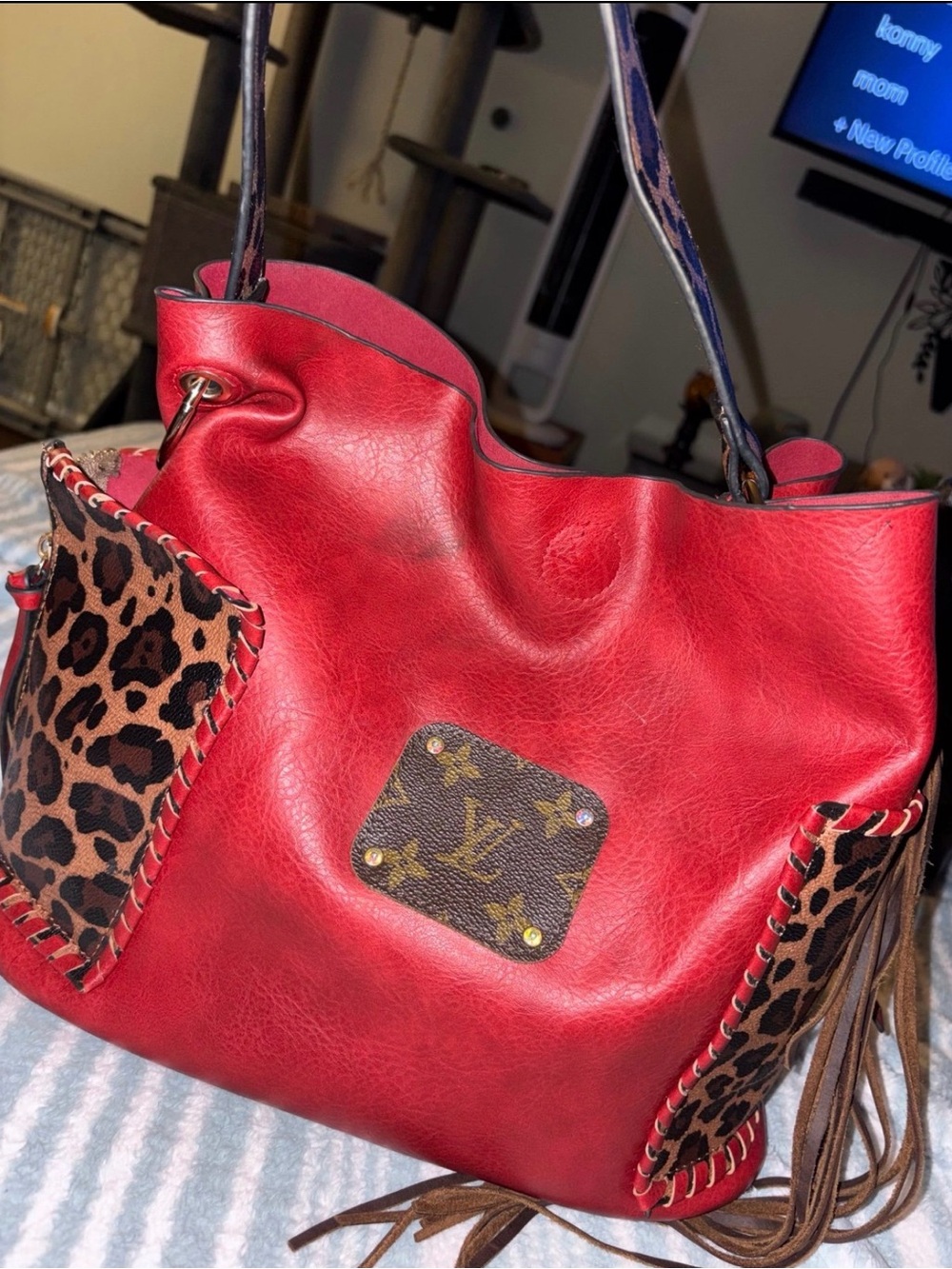 ✨Upcycled Red Hobo Bag with Leopard Print and Fringe✨